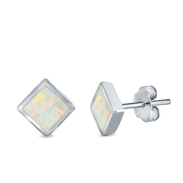 Square Solitaire Stud Earrings Lab Created White Opal 925 Sterling Silver (6mm)